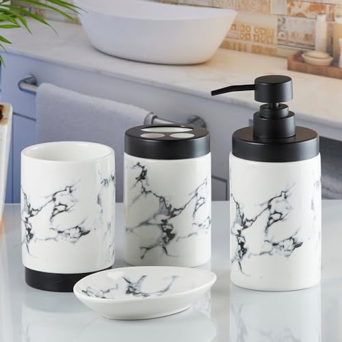Image of SaSaSa Ceramic Bathroom Accessories Set of 4 Modern Bath Set with Soap Dispenser & Toothbrush Holder, Luxury Home & Gift Idea, White /Black (9598)