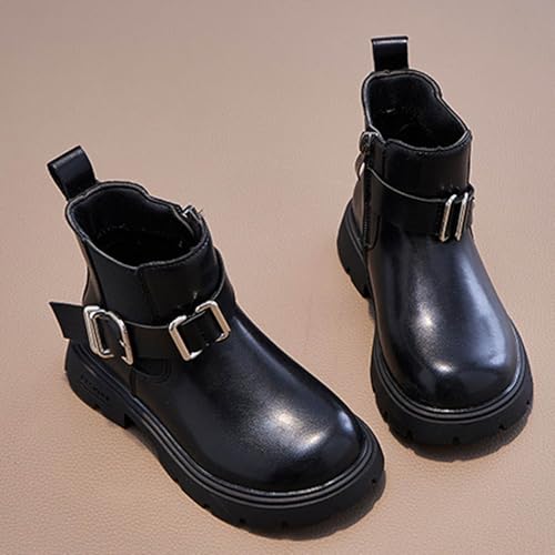 Girls Trendy Ankle Boots Waterproof Side Zipper Booties Chunky Low Heel Non-Slip Combat Short Boot with Buckles4