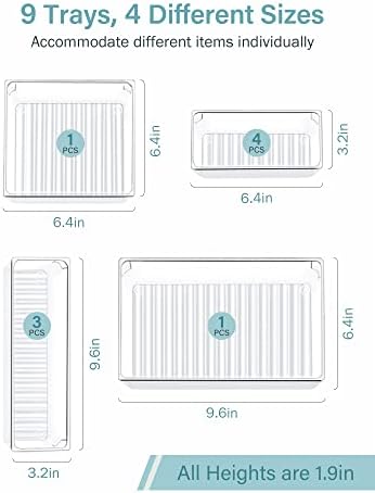 Kootek 9 Pcs Desk Drawer Organizer Trays 4-Measurement Toilet Drawer Tray Dividers Plastic Vainness Organizers Storage Bins for Make-up Dresser Kitchen Workplace (Clear) 2 41gU37RJcML. AC