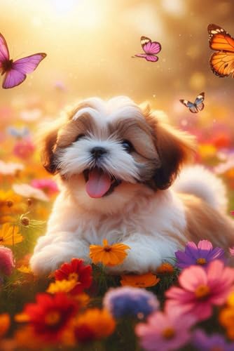 Shih Tzu Puppy in a field of colorful flowers Notebook - Large 6 x 9 inches - 127 Pages