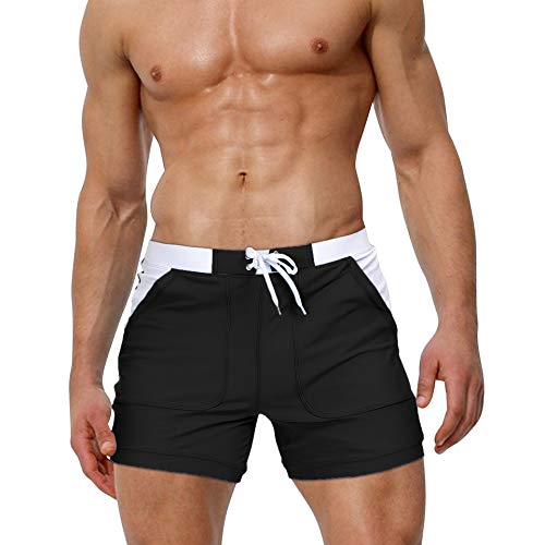 BIYLACLESEN Men Swim Brief Shorts Board Shorts Mens Swimwear Shorts Bathing Shorts with Pockets Swimming Briefs Surf Swimsuit Swim Trunks Black