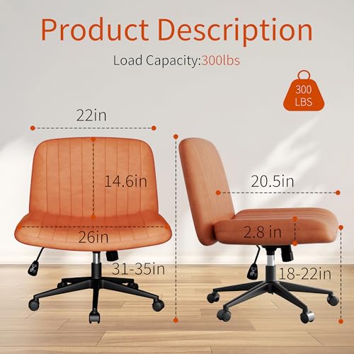 Image of Criss Cross Chair with Wheels, Cross Legged Office Chair, Armless Office Chairs Adjustable Height Swivel Tilting Vanity Chairs for Home Bedroom (PU Leather, Orange)