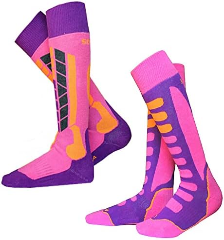 Pumkryth 2 Pack Kids Winter Ski Socks for Girls-Warm Soft OTC Non-Slip Cuff Winter Skiing Socks 27-30, Pink
