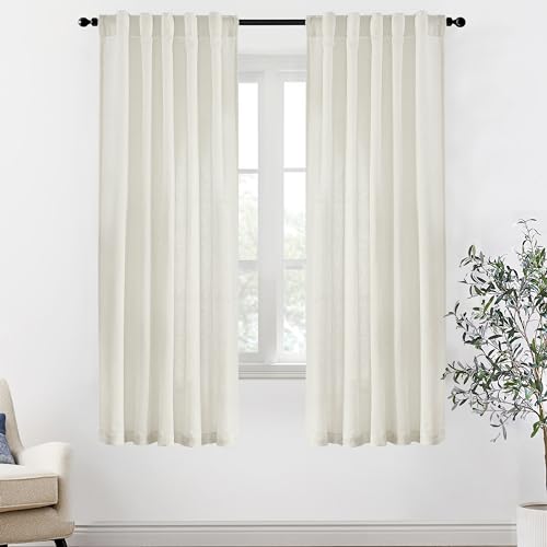 Image of XTMYI 72 Inch Long Linen Curtains for Living Room,Sheer Semi Privacy Back Tab Hooks Pleated Light Filtering Sidelight French Door Curtain Drapes 72 Inch Length 2 Panels Set,Cream Ivory
