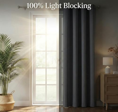 Image of VAS COLLECTIONS 100% Blackout Door Curtains, 7 Feet (121x215 cm) Set of 2, Plain, Thermal Insulated, Room Darkening Curtains for Living Room, Bedroom, (Charcoal Grey)