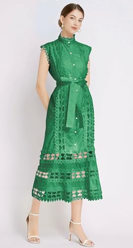 Image of LAI MENG FIVE CATS Women's Sleeveless Hollow Out Lace Button Up Casual Midi Party Dress with Belt