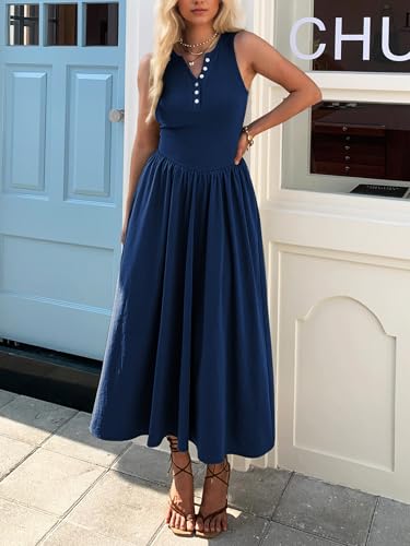 Women's Summer Casual Dresses Sleeveless Knitted V Neck Sundress Drop Waist A Line Long Maxi Dress with Pockets2