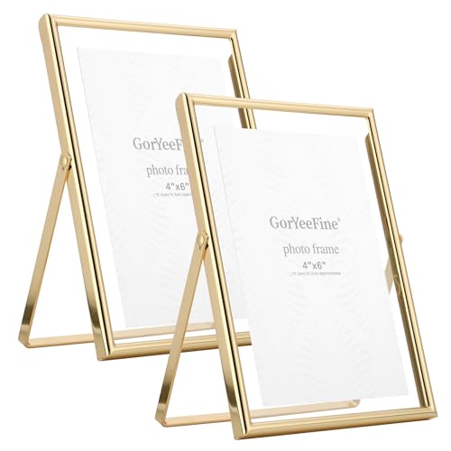 Gold 5x7 Floating Frame 2pack for Photo Sizes(3.5x5 4x6)for Adjustable Tabletop/Shelf Photo Frame 4x6 Classy Gift floating frames for Wedding Christmas Birthady Home or Office Decor.