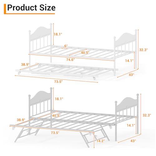 Image of Garvee Twin Daybed with Trundle, Twin Bed Frame with with Stylish Headboard | Sofa BedFrame with Pop Up Foldable Trundle Bed, Heavy Duty Steel Slats Platform for Bedroom and Guest Room, White