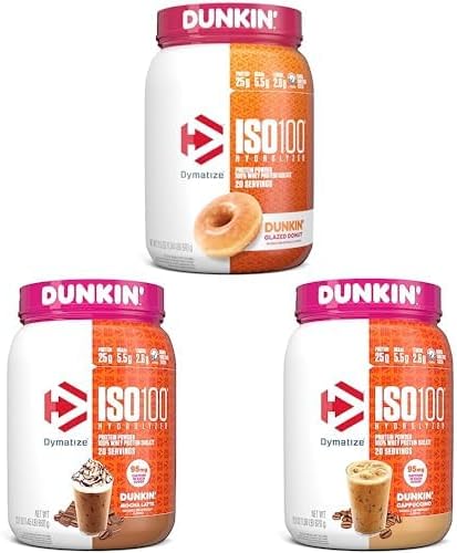 Bundle of Dymatize ISO100 Hydrolyzed 100% Whey Isolate Protein Powder in Dunkin' Glazed Donut Flavor, Dunkin' Mocha Latte Flavor & Dunkin' Cappuccino Flavor