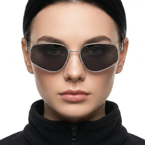 Image of Vincent Chase By Lenskart | Gunmetal Grey Solid Full Rim Hexagonal | Branded and Stylish Sunglasses | 100% UV Protected | Men & Women | Large | VC S17528