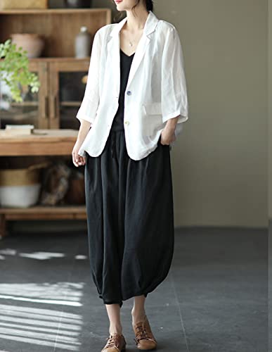 IXIMO Women's Linen Capri Pants Casual Loose Fit Wide Leg Harem Pocket Pleated Trousers4