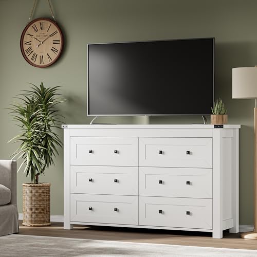 Image of BORNOON 6-Drawer Dresser, Modern Wooden Storage Chest of Drawers, Dresser TV Stand, Wood Drawer Organizer with Metal Handles for Bedroom, Living Room, Hallway