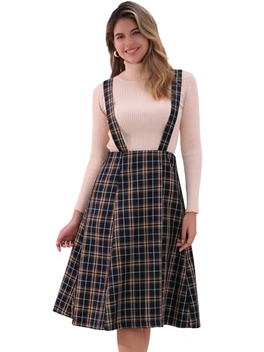 Allegra K Damen Tartan Plaid Strapsrock Vintage Hohe Taille A-Linie Midi Overall Kleid, Blau kariert, X-Groß