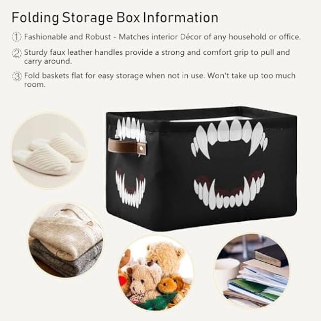 Vampire Teeth Storage Basket Collapsible Canvas Storage Box Fabric Open Storage Bin Clothes Toy Organizer for Closet Shelf Nursery Bedroom Office
