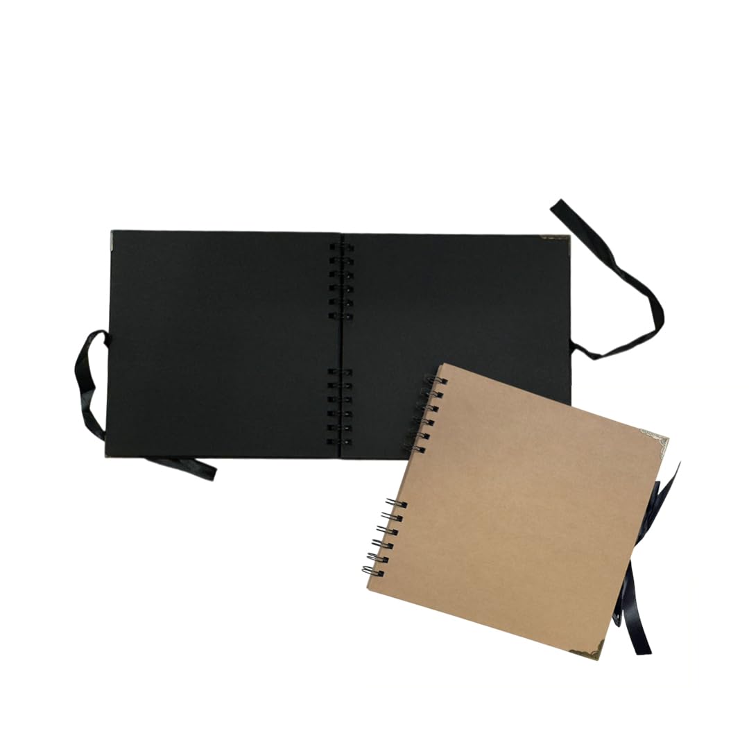 Pack of 2 Spiral Bound 180gsm Kraft & Black Scrapbooks with Ribbon Closure and Metal Corners - 30 Sheets 20x20cm - Ideal for Your Scrapbooking Albums Art & Craft Projects, Memory book