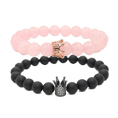 UEUC Couple Distance Bracelets with Crown King&Queen His Hers Black Matte Agate & Pink Stone
