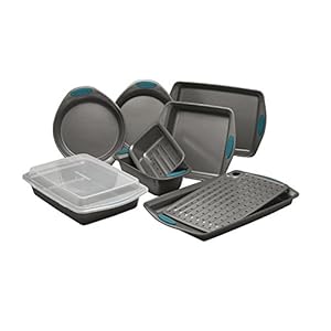 Rachael Ray Nonstick Bakeware Set with Grips includes Nonstick Bread / Baking Pans, Cookie / Baking Sheet and Cake Pans – 10 Piece, Gray with marine blue grips