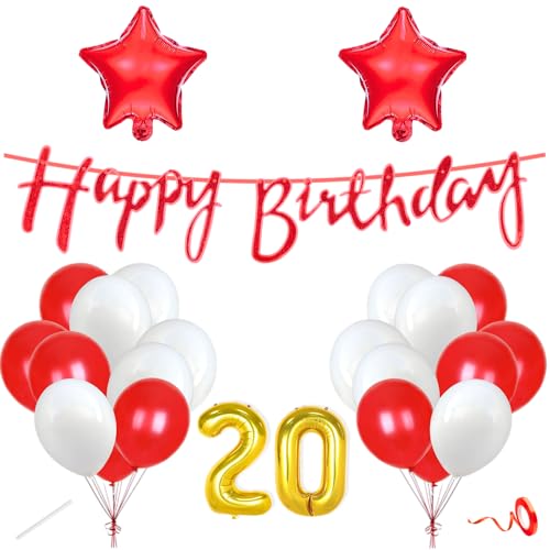 Image of Flyloons 20th Happy Birthday Decoration Kit Red White for Boys Girls Kids Twins Men Women With 20 Pcs Metallic Balloons Birthday Banner 2 Pcs Star Items Set