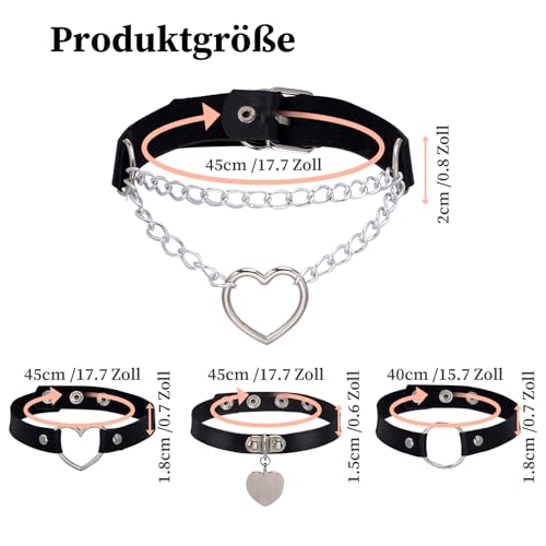 Jahrestag Geschenk, 4 Stück Halsband Damen für Sex, Choker Schwarz Kette Damen, LederhalsbandDamen, Kette Spike Leder Kragen Kropfband Herz, Einstellbar Halsband Schwarz Chocker, Punk Gotik Collar