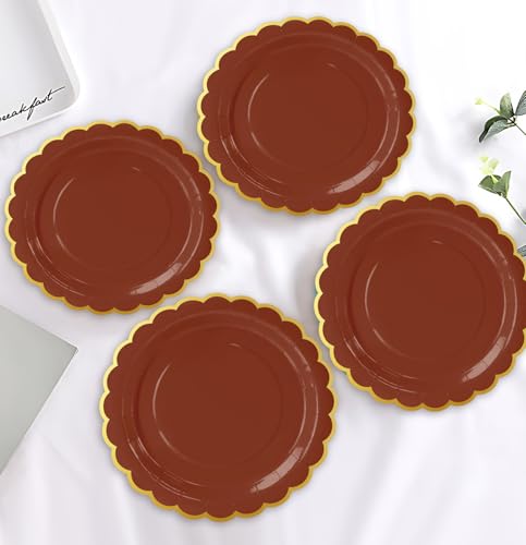 Image of HEIPINIUYE 50 Pieces Brown Paper Plates with Gold Foil 9 Inch Disposable Brown and Gold Scalloped Dinner Plates for Wedding Baby Shower Birthday Party Dessert Plate