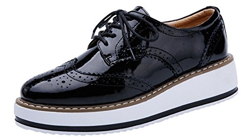 wealsex Derby Cuir Vernis Baskets Brogues Plateforme Chaussure Ville à Lacets Femme Grande Taille Noir 39