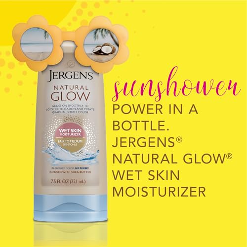 jergens natural glow in shower lotion self tanner for fair to medium skin tone sunless tanning wet skin lotion for gradual flawless color 75 ounce packaging may vary