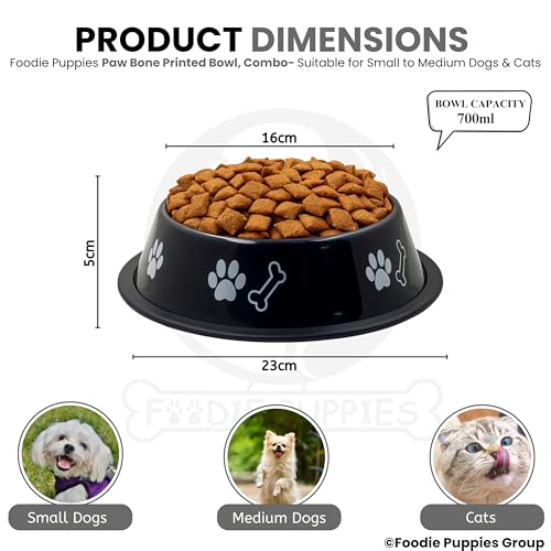 Image of Foodie Puppies Stainless Steel Dog Bowl Combo - (Medium, 700ml) Food and Water Feeding Gift Bowl | Suitable for Dogs, Cats and Other Pets I Paw Bone Print, Anti-Skid Rubber Base (Black + Blue)