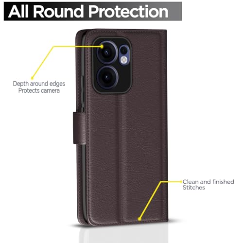 Image of Pikkme Flip Cover Leather Finish | Inside TPU with Card Pockets | Wallet Stand and Shock Proof | Complete Protection Button Flip Case for Oppo Reno 13F 5G(Coffee)