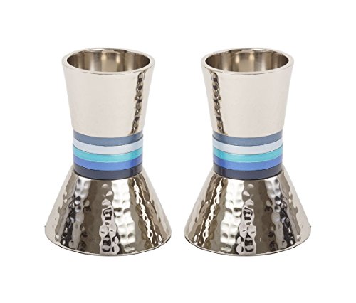 Yair Emanuel Pair Of Shabbat Candlesticks | Hammered Metal Designed With Shades Of Blue Rings | Ca-2 #TOP5