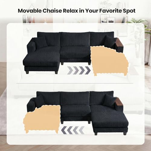 Image of 114 inch Cloud Sectional Couch with L-Shape Reversible Chaise, Modern Corduroy L Shaped Couch with 2 Pillows & Storage Armrests, 4 Seater Sectional Couches for Living Room, Plush Corduroy, Black