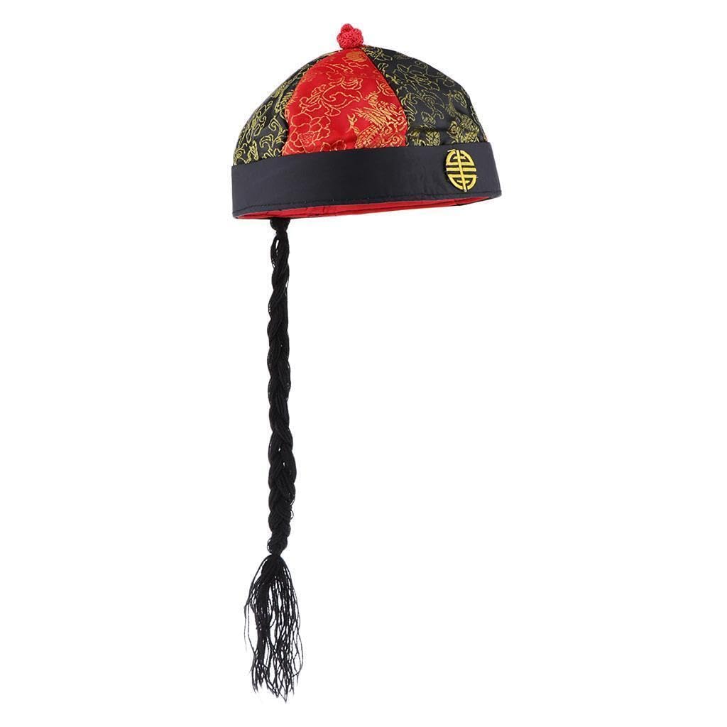 Adults Black, Red & Gold Traditional Chinese Mandarin Emperor Style Hat With Black Braid Fancy Dress Cosplay Role Play Accessory