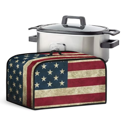 GLENLCWE Vintage American Flag Slow Cooker Cover with Handle and Mesh Pocket,Patriotic Dust Cover Oval Slow Cooker Cover Crock Pot Dust Protection