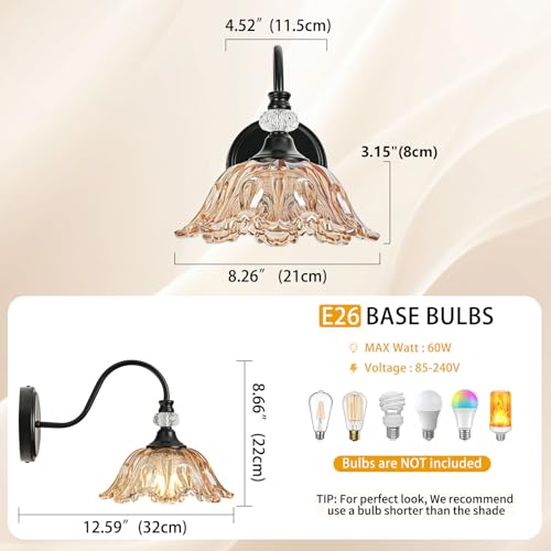Image of Black Wall Sconces with Floral Amber Glass Shades, Black Farmhouse Wall Mount Lighting for Bathroom,Vintage Bathroom Vanity Light Fixtures