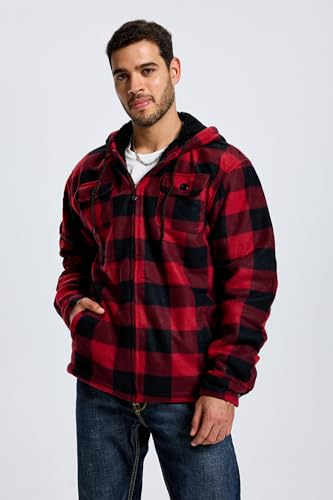 TanBridge Men's Flannel Plaid Jacket Full Zip Fleece Flannel Sherpa Hoodies Heavyweight Fleece Lined Warm Coat4
