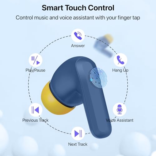 Image of Vaku Luxos SONAIR TWS Bluetooth 5.4 Earbuds | 60H Playtime | Touch Controls | Type-C Fast Charging | 10mm Driver | Voice Assistant | Deep Bass Wireless Earbuds with Charging Case- Blue /Yellow