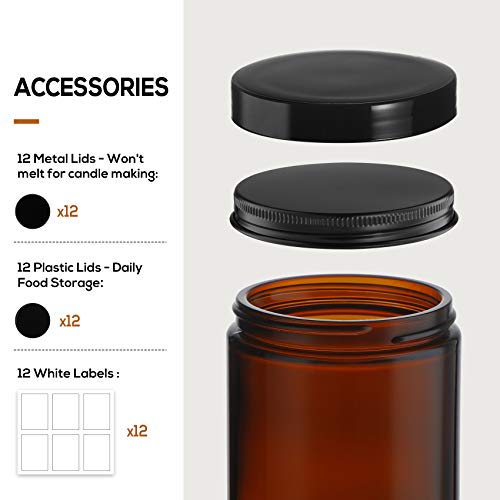 12 Pack, 8 OZ Thick Amber Round Glass Jars with 12 Metal Lids & 12 ...