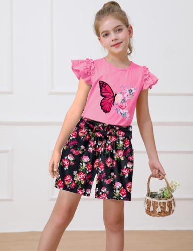 Image of mksodop Girls outfits 2-Piece ruffled short sleeve butterfly floral print high waist floral shorts girls summer clothes