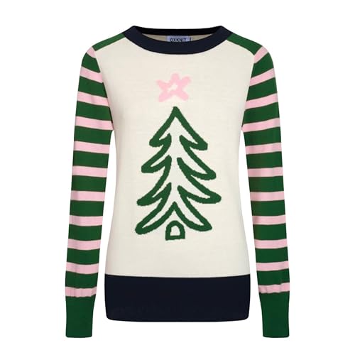 OXKnit Women's Knitted Long Sleeve, Christmas Tree Pattern Cotton Crewneck T-Shirt Tops for Christmas Holiday