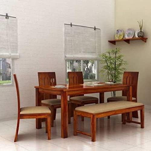 Image of SHRI MINTU'S ART Sheesham Wood Dining Table 6 Seater | Six Seater Dinning Table with 4 Chairs & 1 Bench for Home | Dining Room Sets for Kitchen & Restaurants | Chairs with Cushion | Rustic Teak Finish