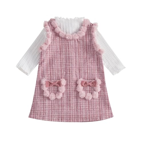 2PCS Toddler Baby Girl Mock Neck Long Sleeve Sweater + Zipper Sleeveless Tweed Straight Dress Sets