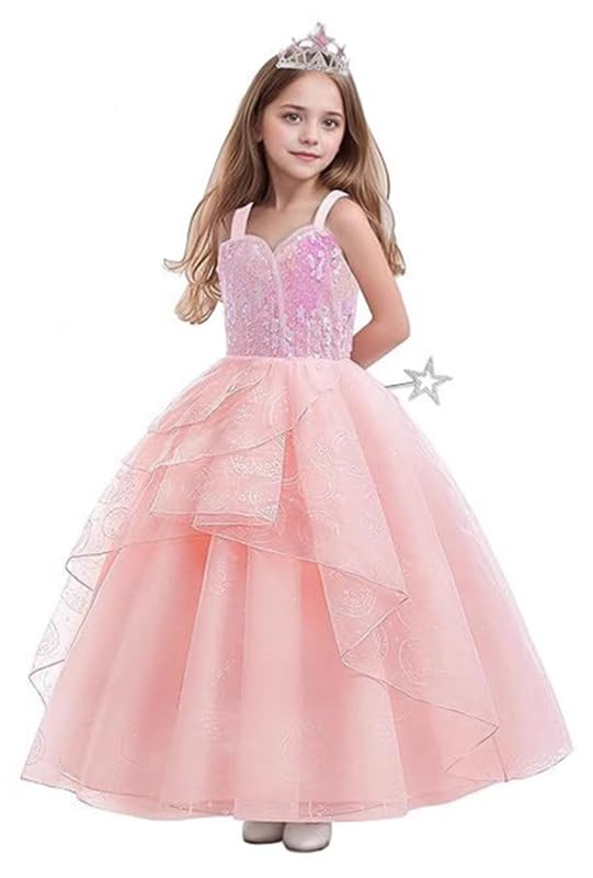 Girls Princess Dress Set with Pink Sequin Layered Tulle Ball Gown Long Gloves Tiara Jewelry for Kids2