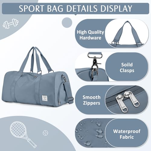 Gym Duffle With Shoe Compartment - Sports Travel Tote for Men and Women, Weekender Overnight Personal Item, Carry-on Workout Bag for Sports - Grey Blue4