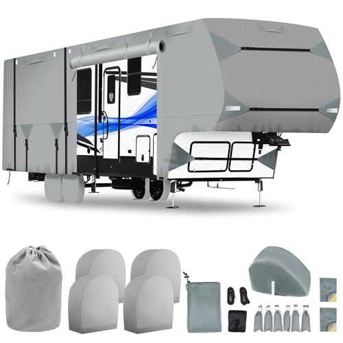 5th Wheel RV Cover 28-31ft, Upgraded 7-Layer Thick | 400 LBS Tearproof, Waterproof, Anti-UV & Windproof Camper Cover w/Tongue Jack Cover, Gutter Covers, Tire Covers, Stair Cover, Straps & Storage Bag