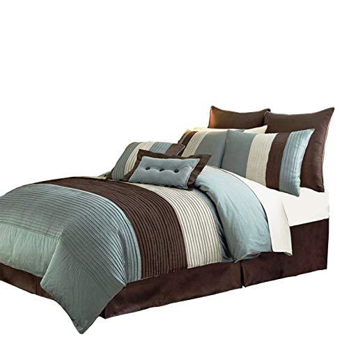 Chezmoi Collection 8-Piece Luxury Stripe Duvet Cover Set, Blue/Beige/Brown, King