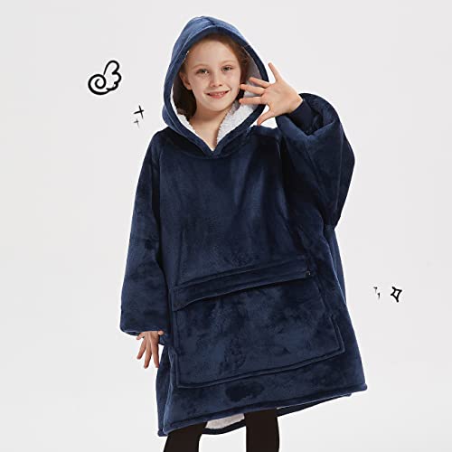 Image of KFUBUO Wearable Blanket Hoodie for Kids With Pocket, 6-10 Year Old, Navy | Sherpa, Heavy Material, Oversized Sweatshirt Blanket, Kids Blanket, Girl Boy Gifts, Hooded Blanket Kids, Cozy Gifts for Kids