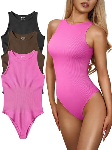 Image of OQQ Women's 3 Piece Bodysuits Sexy Ribbed One Piece Sleeveless Halter Neck Tops Leotard Summer Trendy