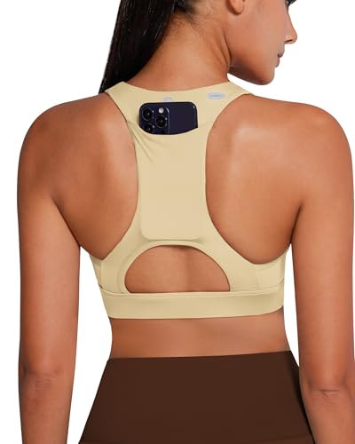 Image of QUEENIEKE BareFlow Women's Sports Bras with Phone Pocket Medium Impact Padded Racerback Workout Gym Crop Top Running Yoga Bra