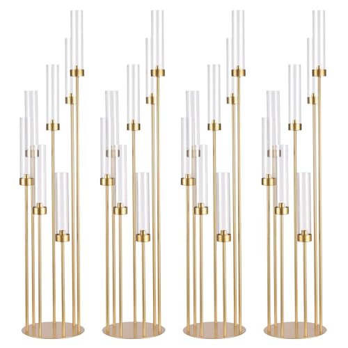 4Sets Floor Candelabra Tall 7 Arm Centerpieces for Wedding, 48' Tall Metal Candlestick Holders with Acrylic Lampshade for Home Party Decor Fit LED Taper Candles candelabros para centros de mesa