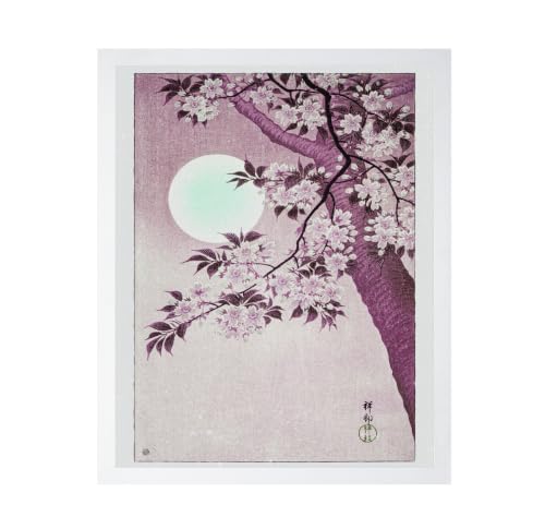 ALPINE INK CO. Cherry Blossom Moon Poster with Frame - Vintage Floral Tree Illustration - Night Garden Scene Wall Decor for Home Office - Nature Inspired Style Artwork - 8x10 White Framed Print